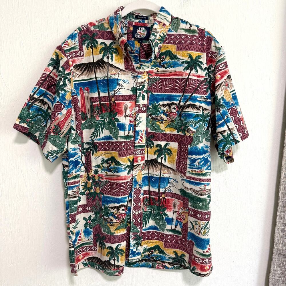 Reyn Spooner 2018 Christmas Mele Kalikimaka Hawaiian Shirt M Red Santa Beach